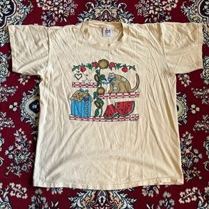 Vintage Anvil T-Shirt Unisex Size Large Cottagecore Cat Watermelon Fence Pastels